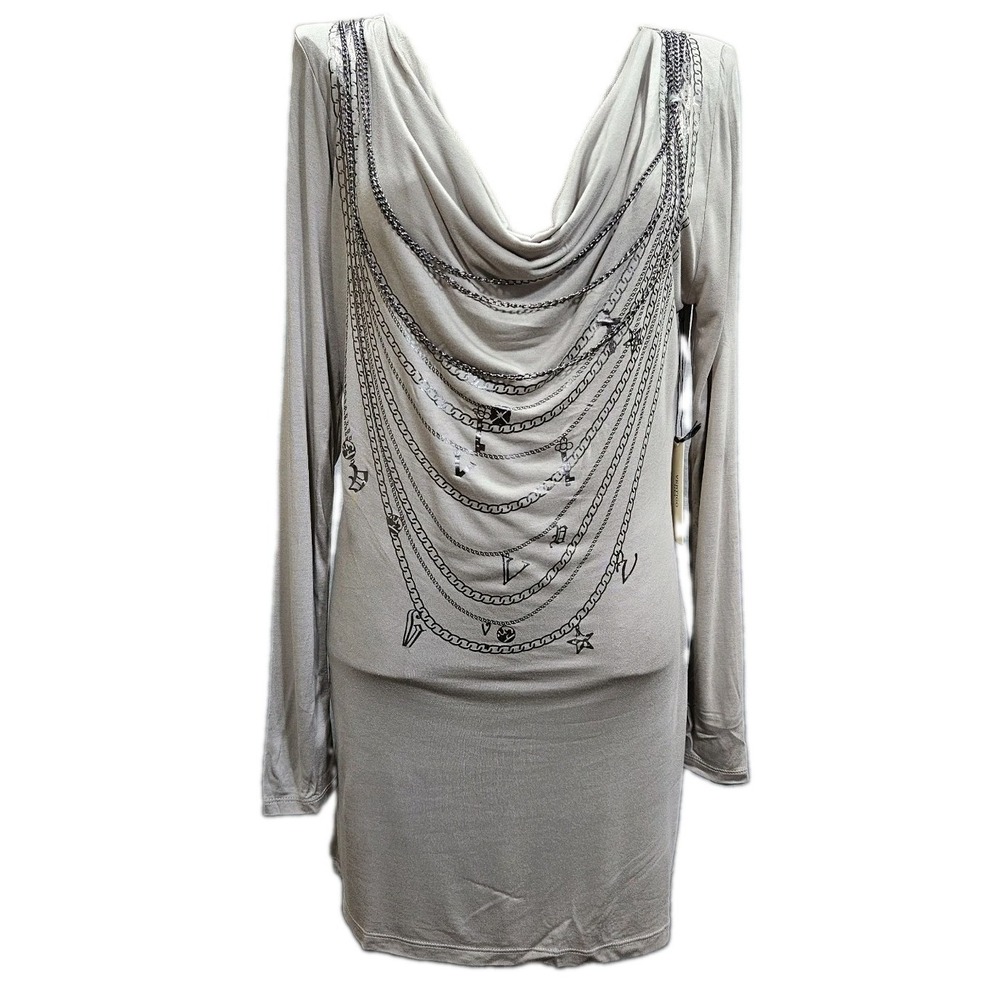 Vertigo Paris Waterfall Neck Tunic Womens XL Putty Chain Details Printed Long